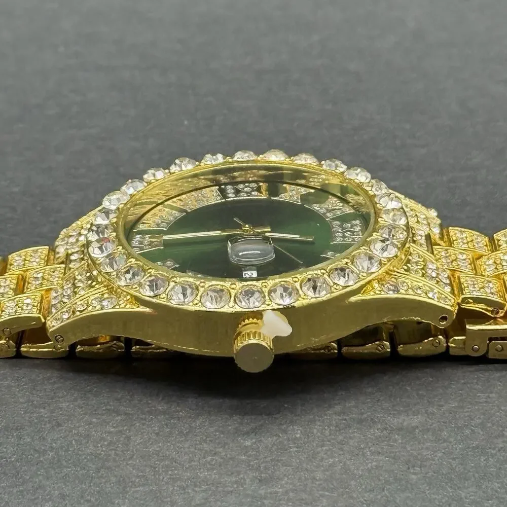 Gold Tone Iced Out Watch Green Dial Roman Numerals Crystal Date Bling Mens NEW